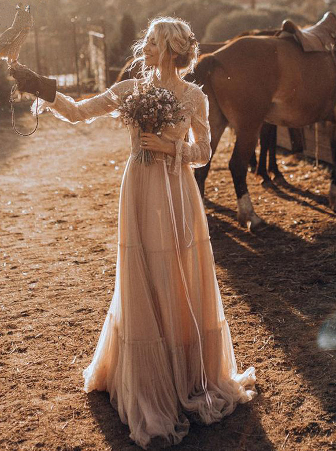 Boho Lace Wedding Dress,Long Sleeves Destination Wedding Dress,WD00667