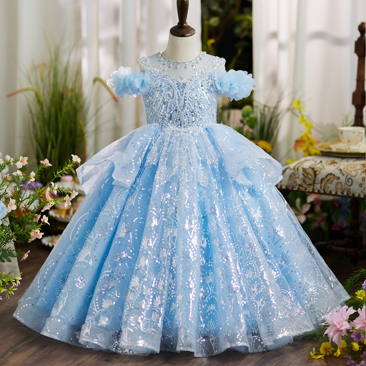 Girls Prom Dress Flower Girl Blue Princess Dress Girls Birthday Dress