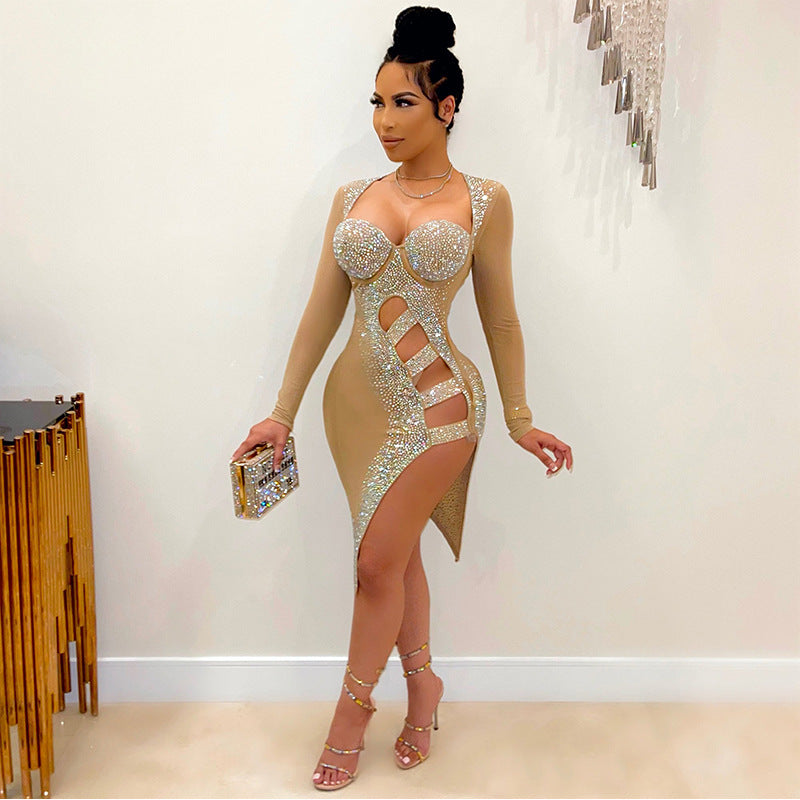 Summer Standalone Night Club Style Sexy Diamond-See-through Hip Irregular Dress Women