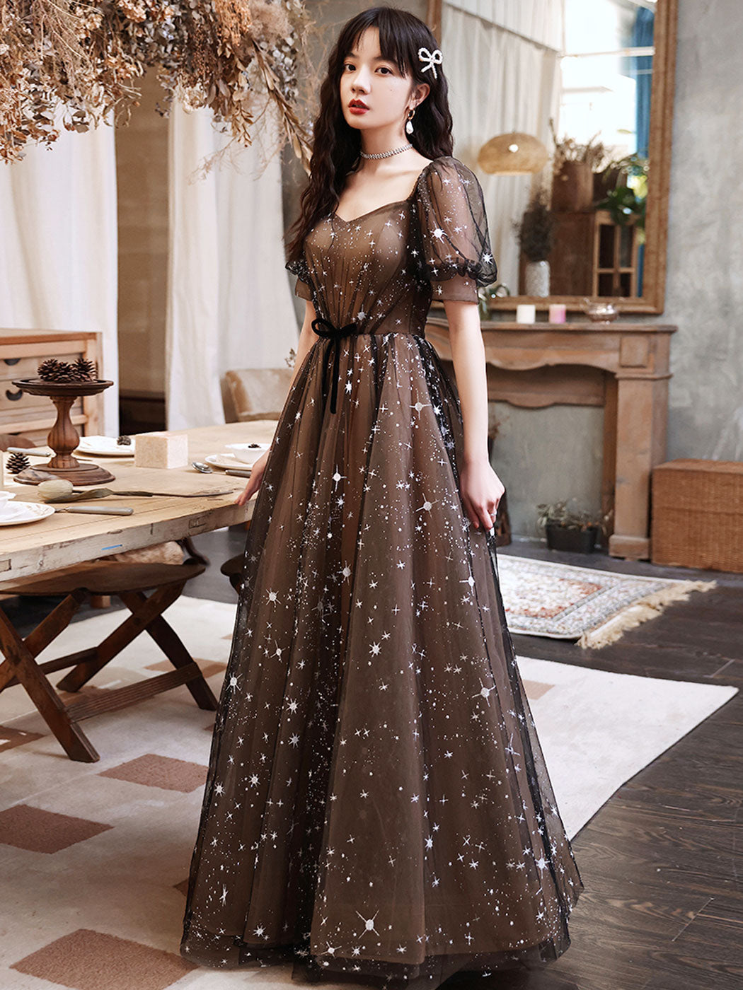 Black Square Neck A-line Long Prom Dress Formal Dress with Short Sleeves - DollyGown