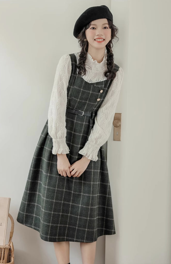Plaid Pinafore Twofer Midi Dress (Green)