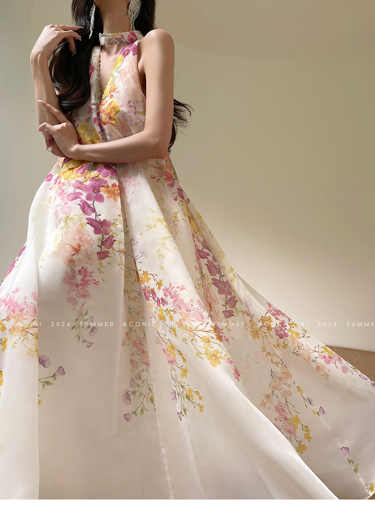 Aconiconi Elegant Japanese Style Printed Long Loose Halter Dress- Daylily and Breeze