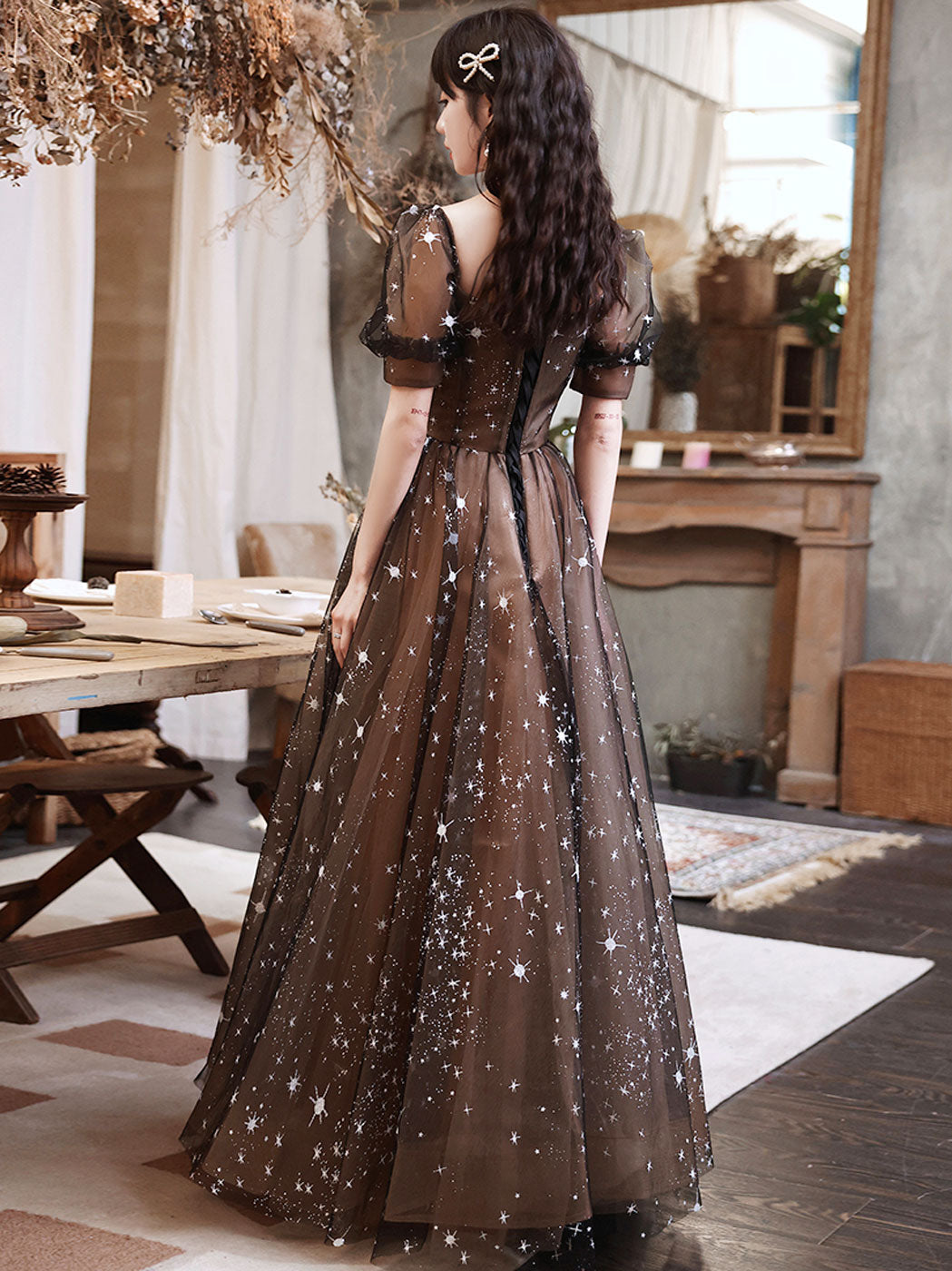Black Square Neck A-line Long Prom Dress Formal Dress with Short Sleeves - DollyGown