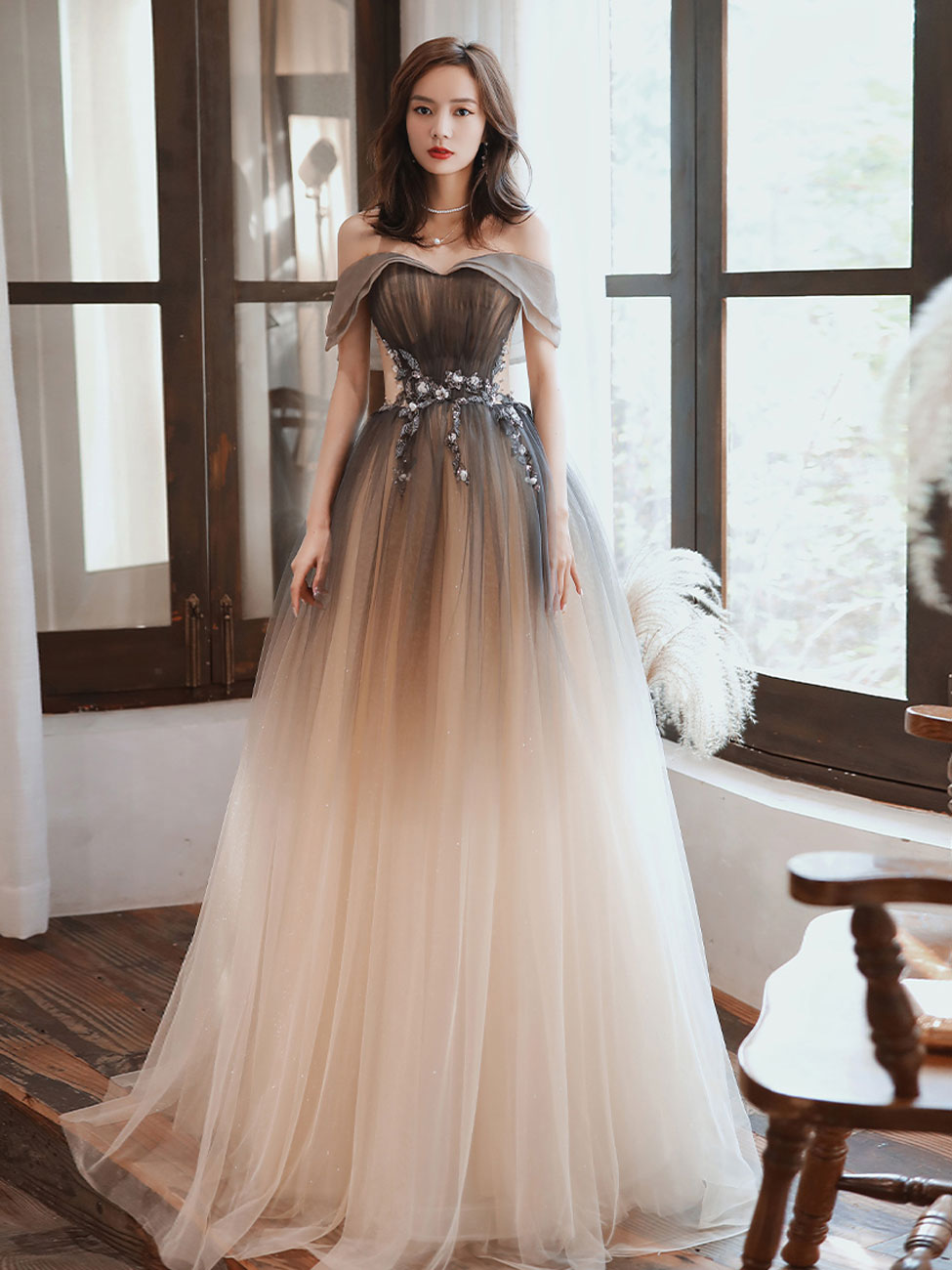 Brown Long Prom Dresses, A line Off Shoulder Brown Formal Graduation Dresses
