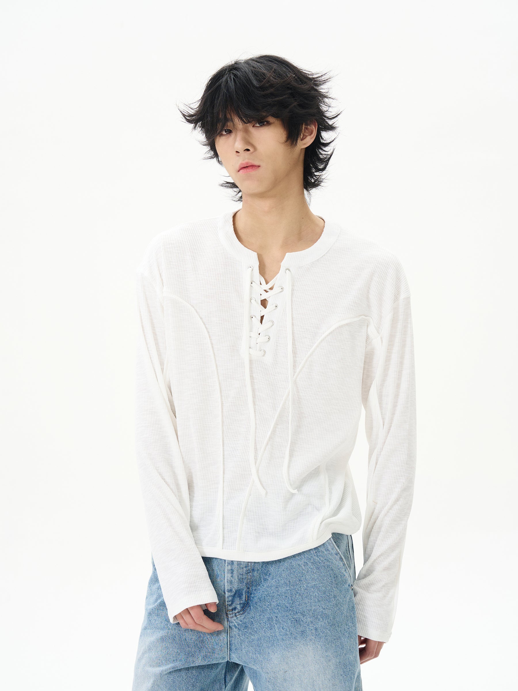 White Linen Lace Up Henley Shirt product photo