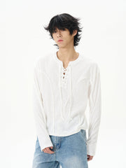 White Linen Lace Up Henley Shirt product photo