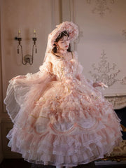 Runaway Princess - Pink Wedding Lolita Dress, Plus Size Friendly Pink Mist (dress + arm sleeves + back bow) S