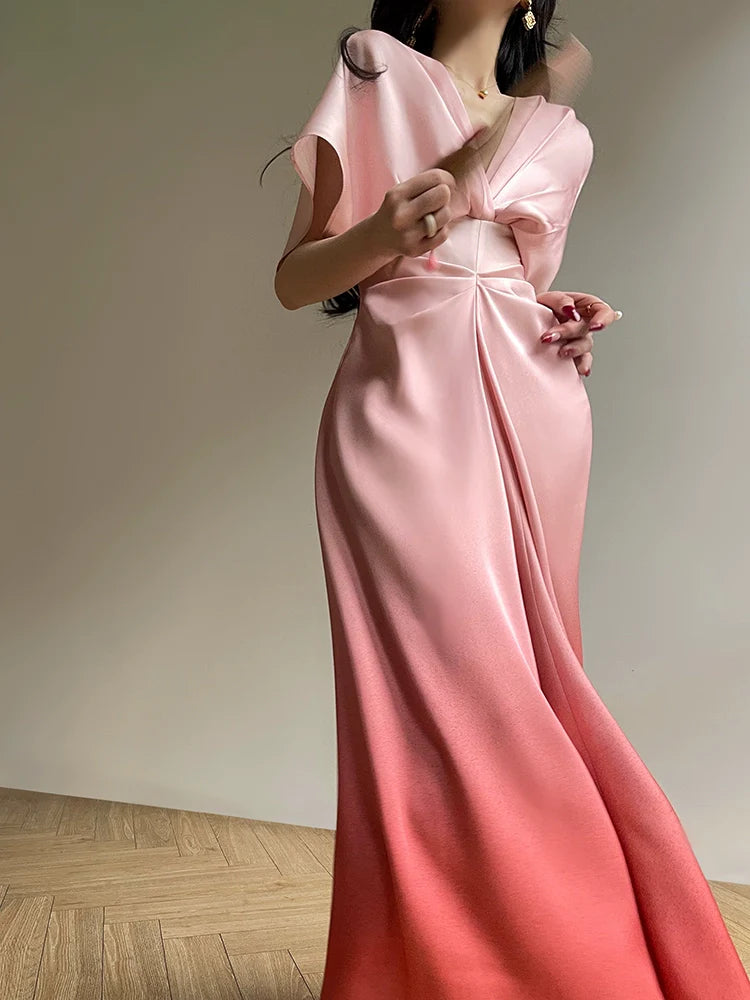 Aconiconi Elegant Peach V-Neck Batwing Sleeve Long Wedding Guest Dress- Sweet wine
