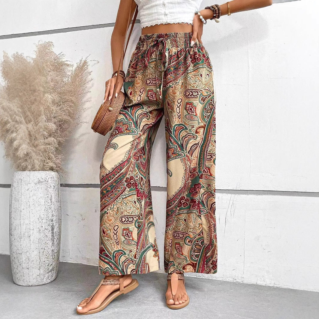 Women's Wide Palazzo Pants with Elastic Waistband and Paisley Pattern Lune London