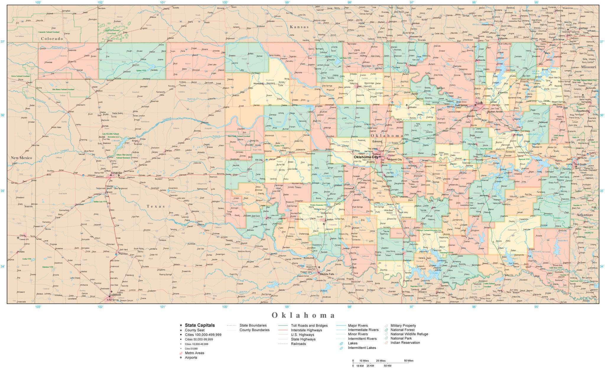 Detailed Oklahoma Digital Map with Counties, Cities, Highways, Railroads, Airports, and more