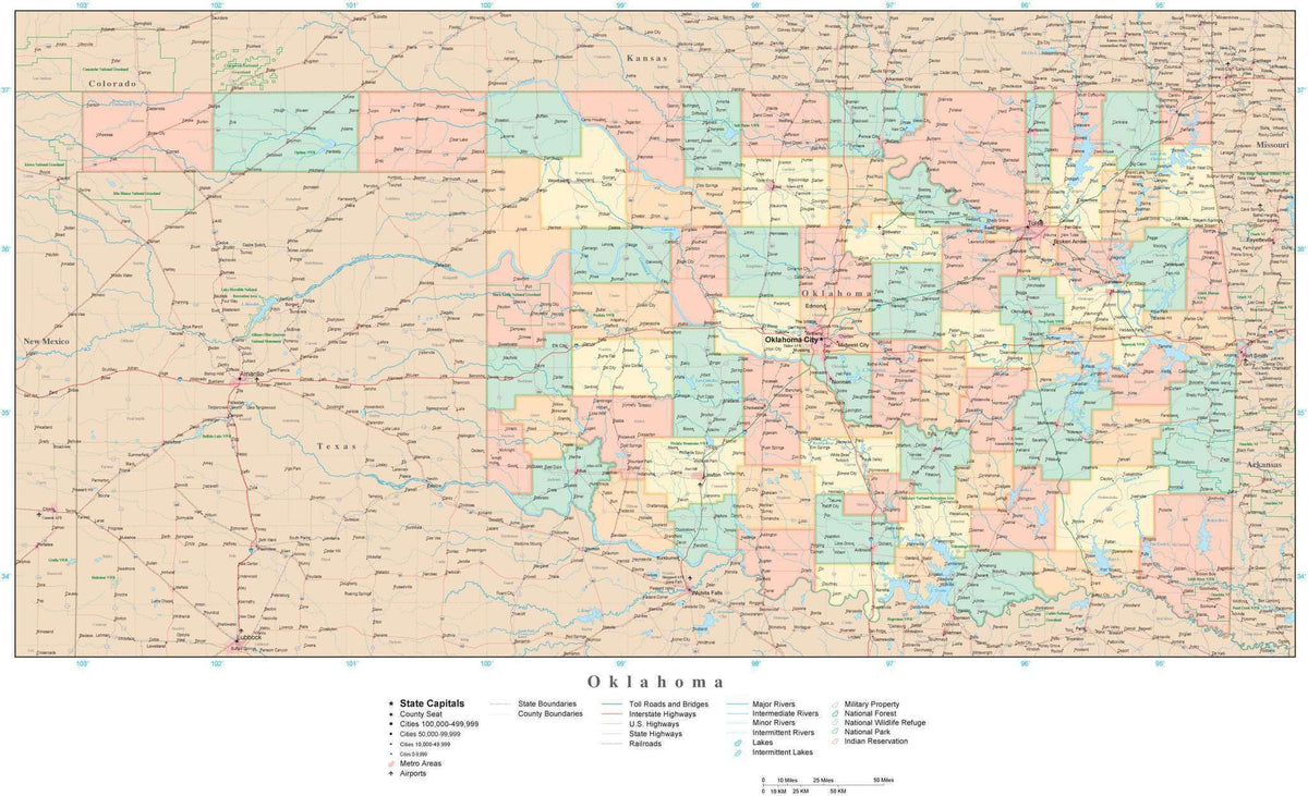 Detailed Oklahoma Digital Map with Counties, Cities, Highways, Railroads, Airports, and more