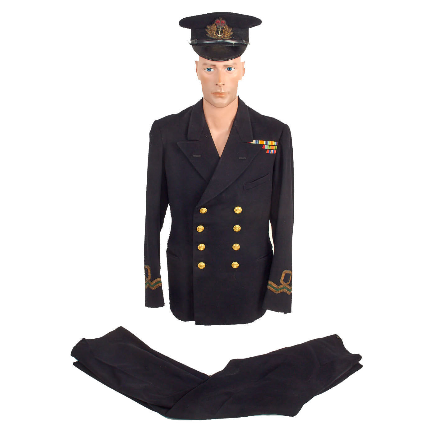 Original British WWII Named British Royal Navy Pharmacist Reserves Officer’s Dress Blue Service Uniform Belonging to Veteran of Both World Wars - Reefer Jacket, Trousers and Visor Original Items