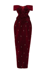 Red off-shoulder velvet floral maxi dress by Happy Clothing, featuring a flowing silhouette and elegant floral pattern.