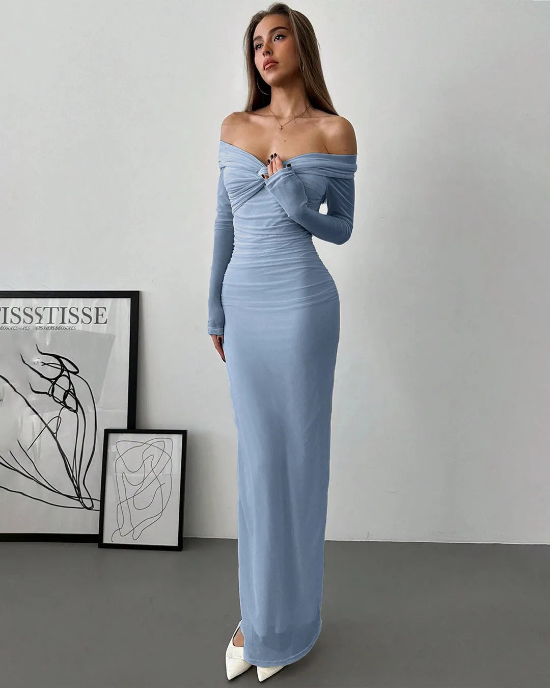 Front view Blue party off-shoulder mesh ruched fitted dress with long sleeves for women, elegant bodycon evening or party wear
