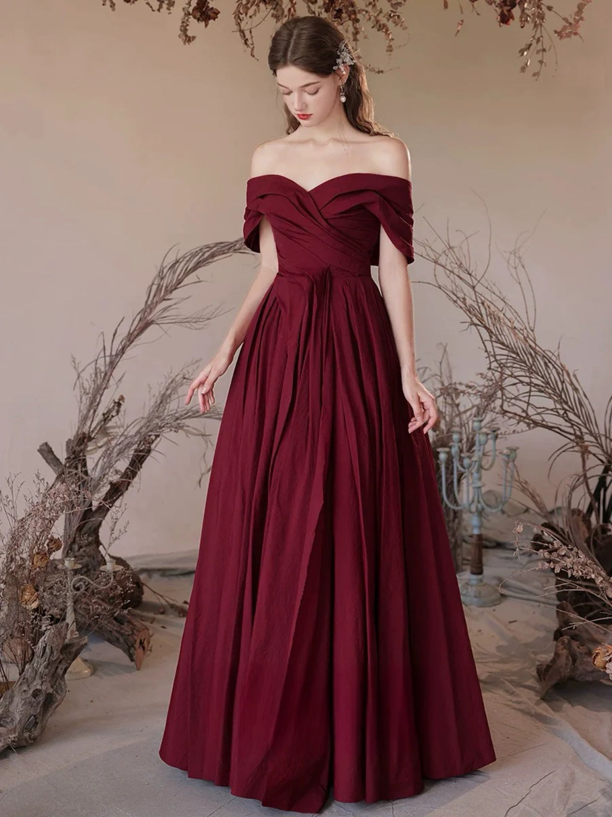 Off the Shoulder Burgundy Satin Long Prom Dresses, Wine Red Off Shoulder Long Formal Evening Dresses