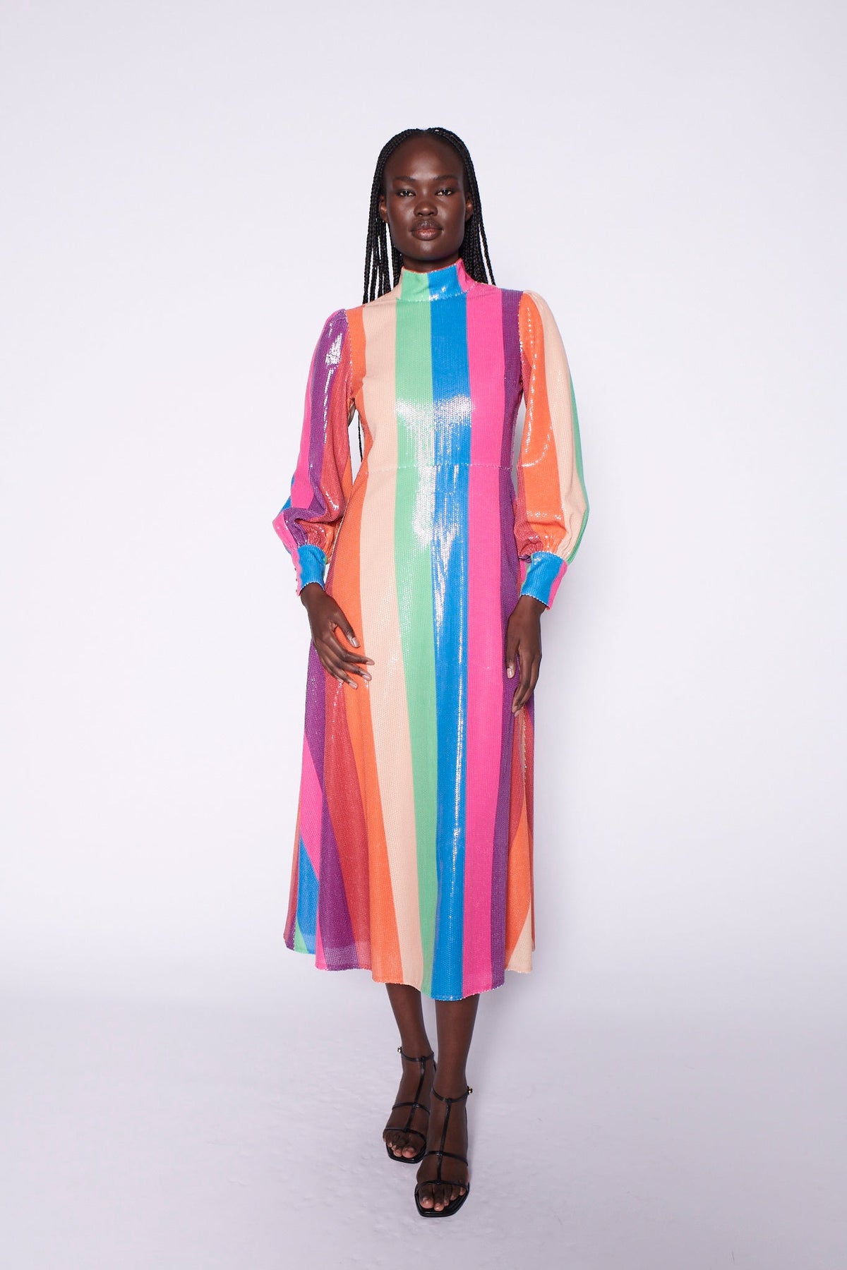 Maddie Rainbow Stripe Sequin Midi Dress RENTAL