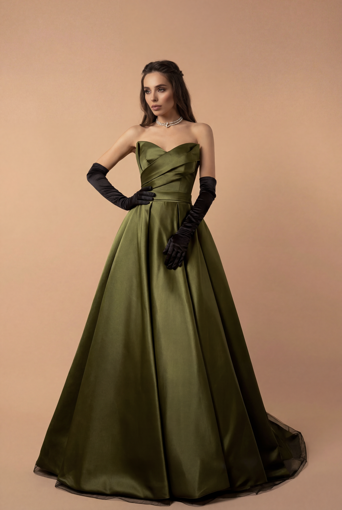 Olive Green Evening Dress with Waist Tie - Satin Strapless Wedding Dress  Plus Size