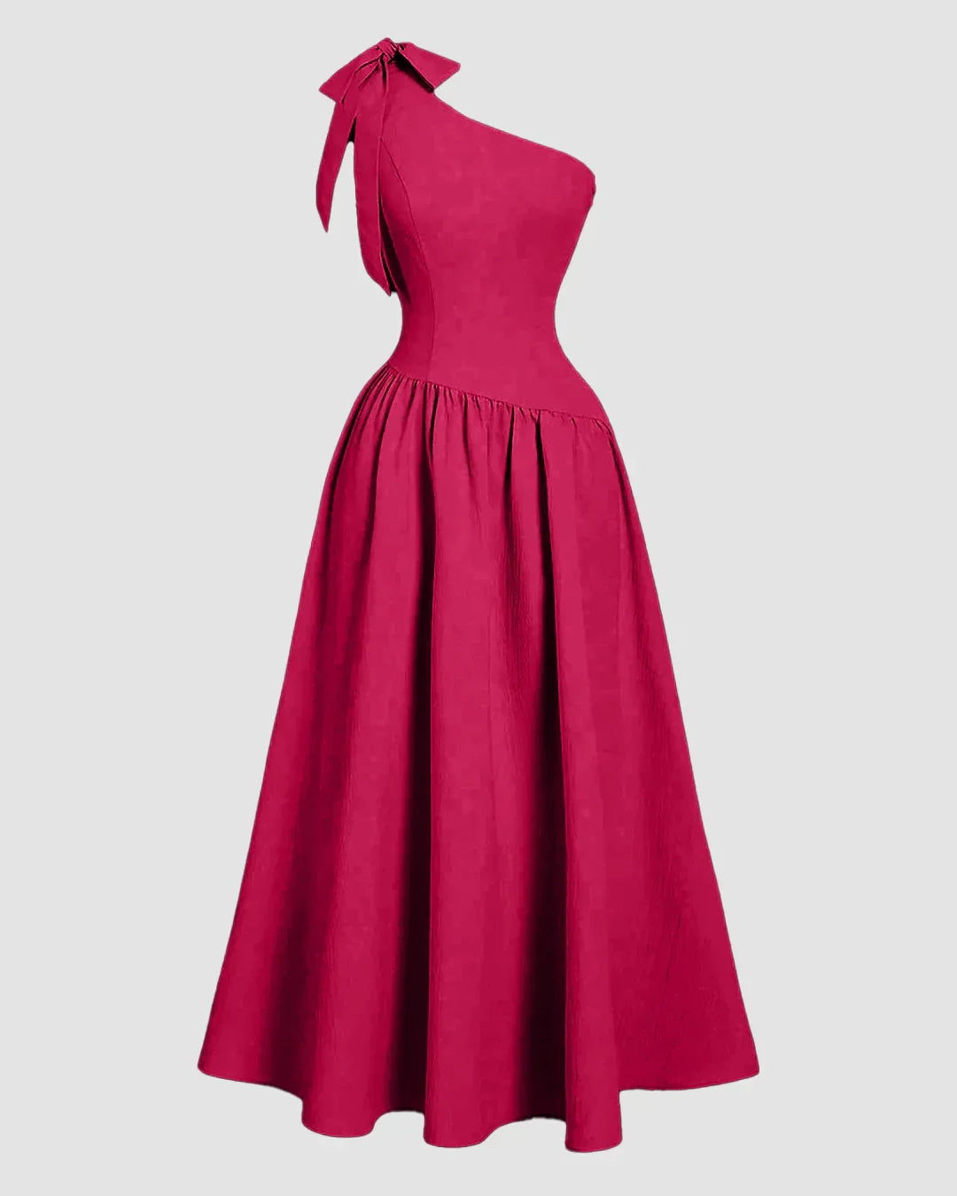 One-shoulder hot pink midi dress featuring a bow detail on the back and a fit-and-flare silhouette.
