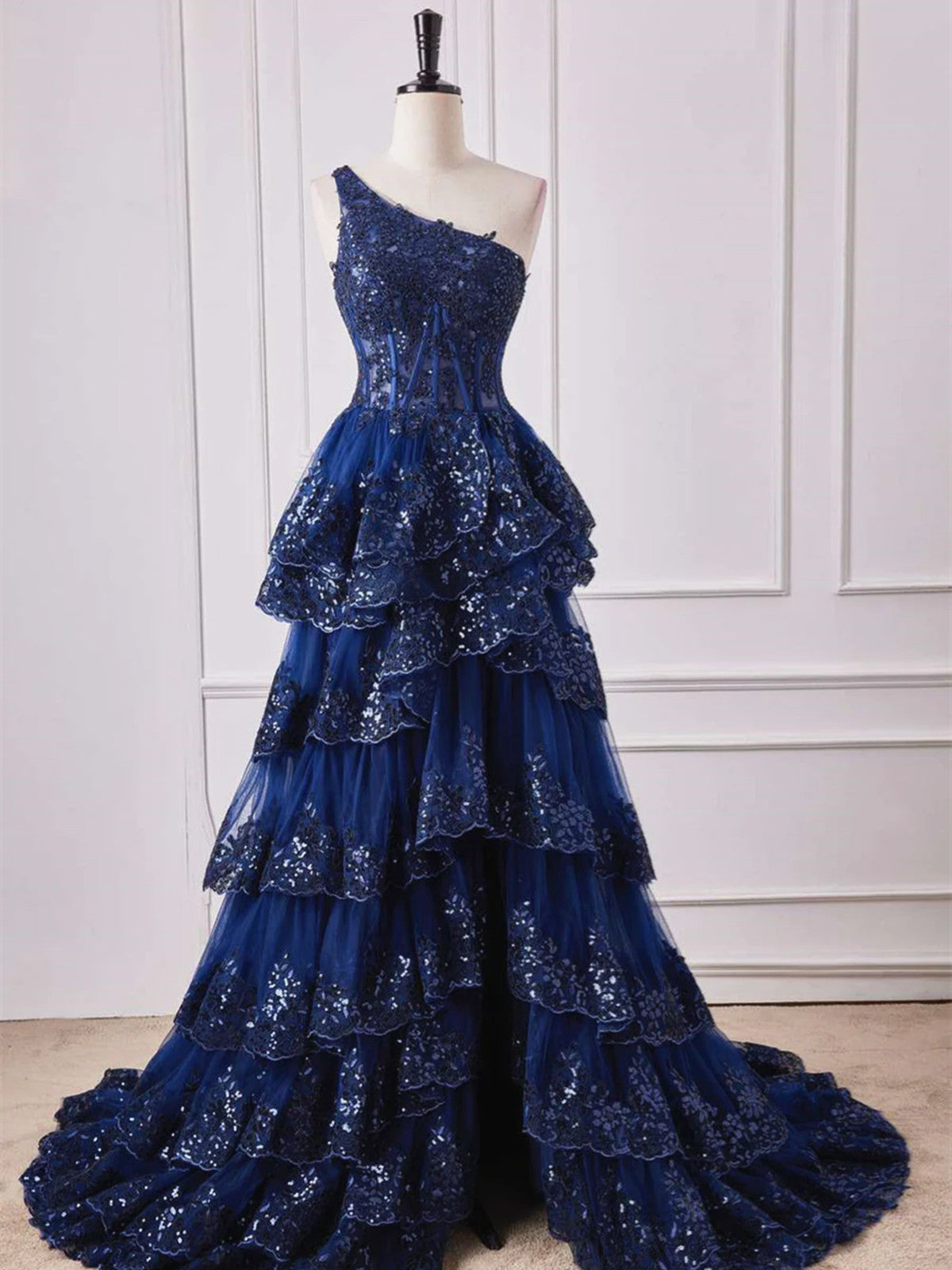 One Shoulder Dark Navy Blue Long Lace Prom Dresses, One Shoulder Dark Navy Blue Lace Formal Dresses