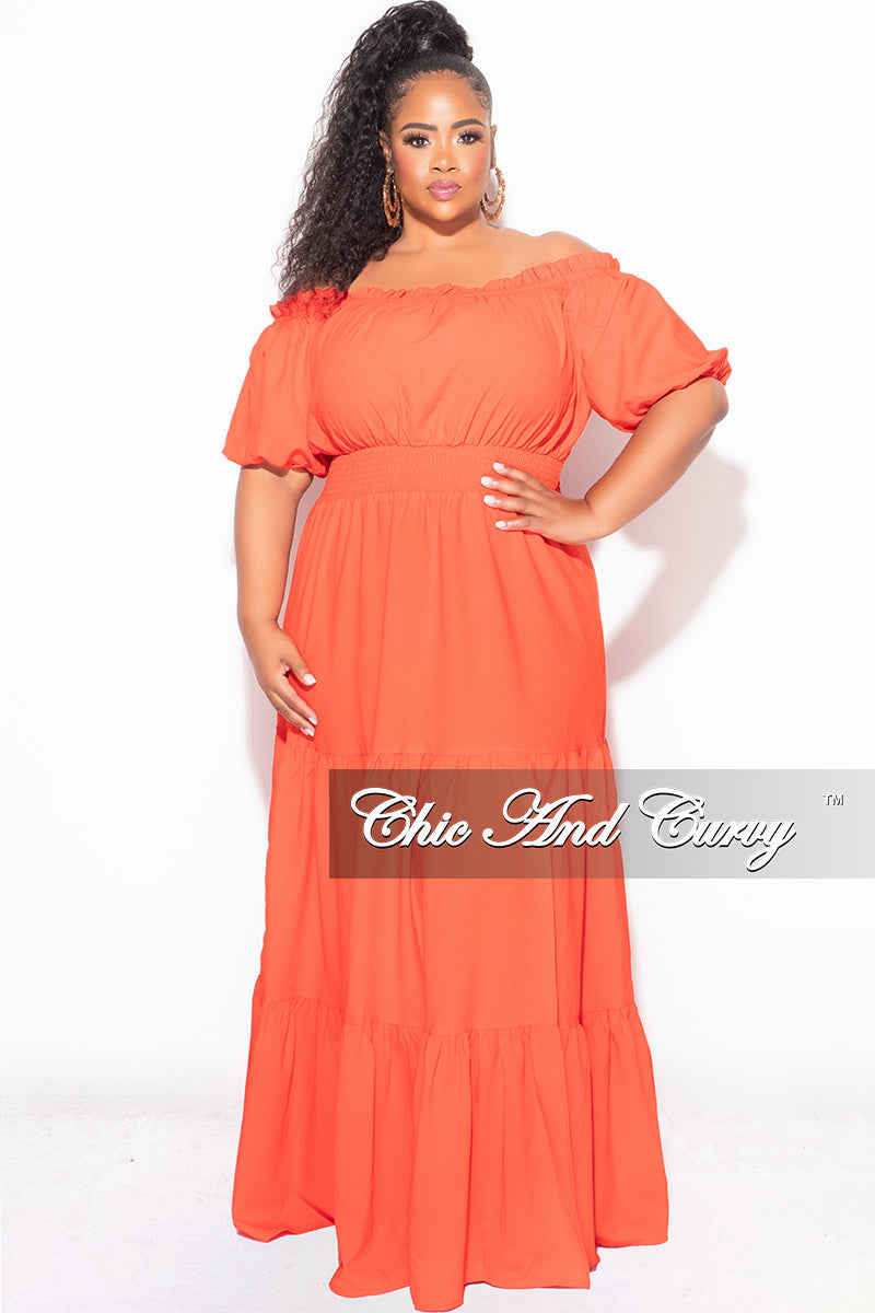 Final Sale Plus Size Off the Shoulder Frill Tiered Maxi Dress with Slit in Burnt Orange Tomato Red