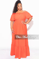 Final Sale Plus Size Off the Shoulder Frill Tiered Maxi Dress with Slit in Burnt Orange Tomato Red