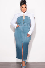 Final Sale Plus Size Color Block Strapless Button Up Dress with Front Slit in Light Denim and Dark Denim