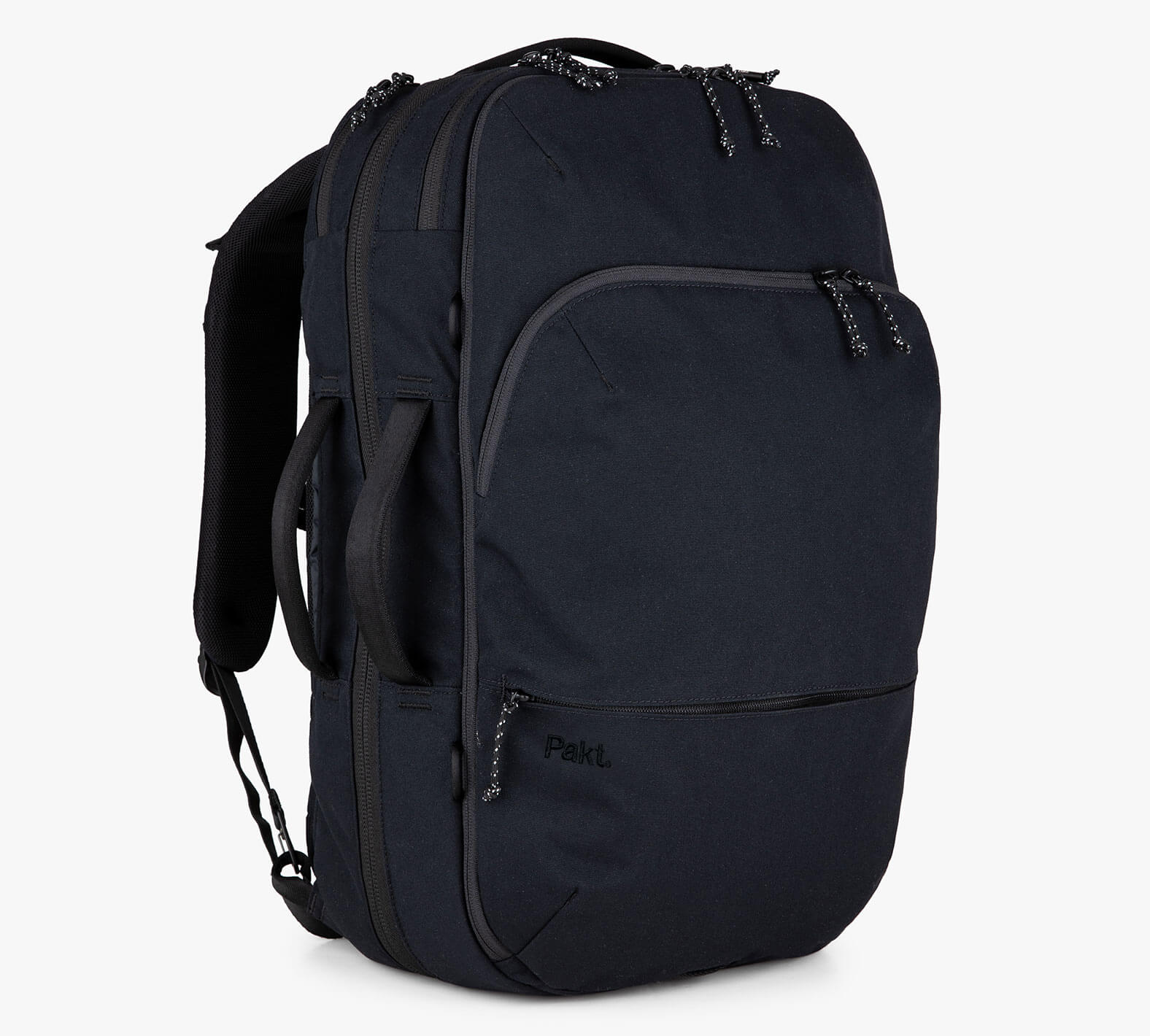 A Black Travel backpack with multiple compartments and the brand name 'Pakt' embroidered on the front pocket.
