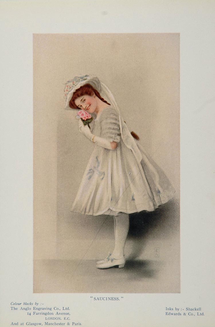 1910 Print Sauciness Girl White Dress Hat Flowers CUTE! - ORIGINAL