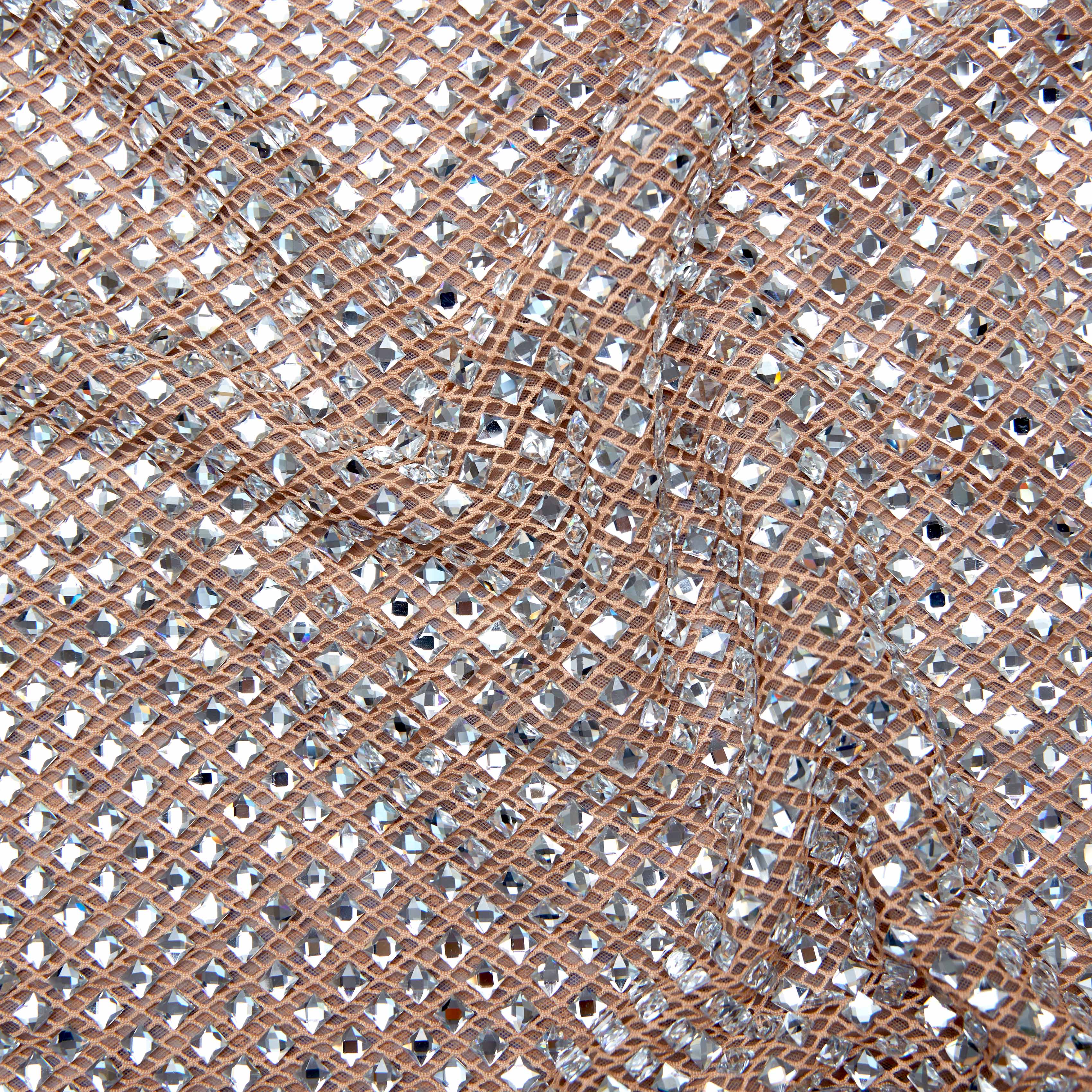 A close up of the fabric for the Silver Rhinestone Drape Maxi Dress