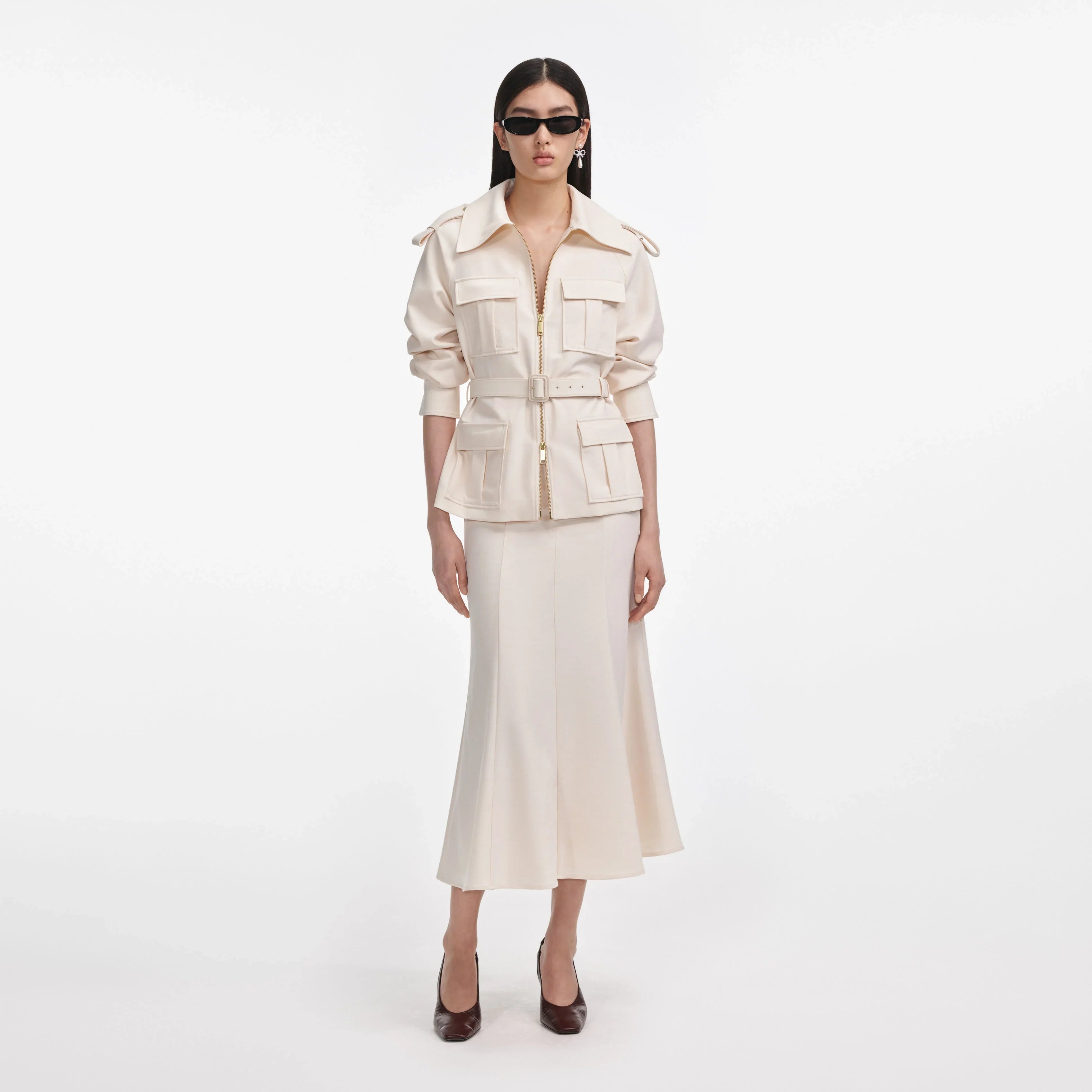 Self Portrait 064 Twill Midi Dress in Cream