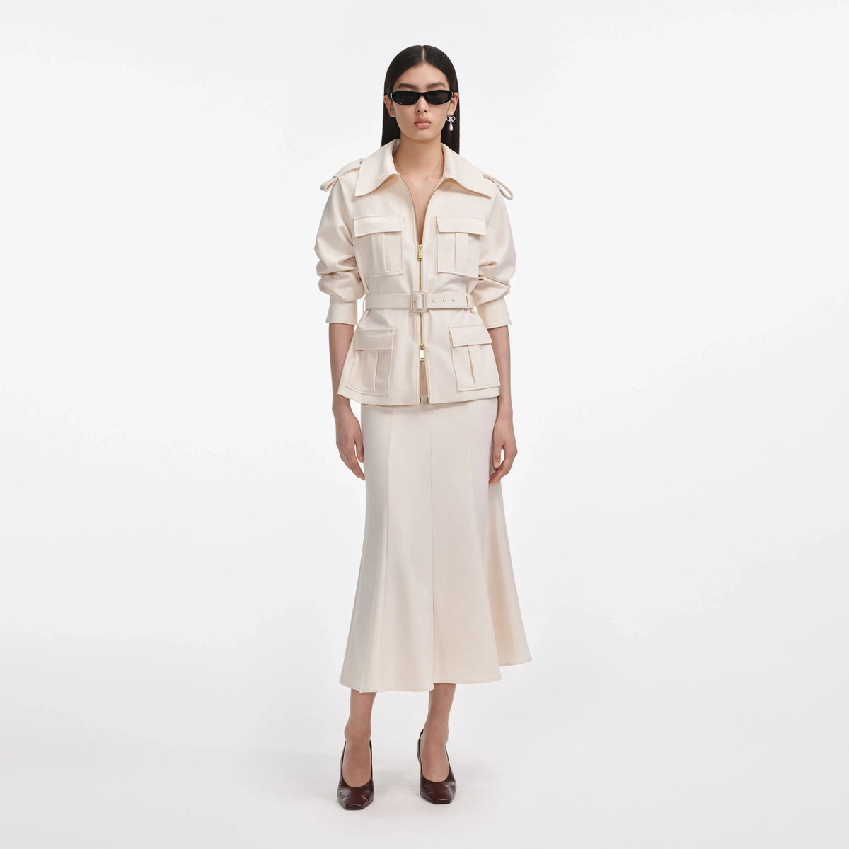 Self Portrait 064 Twill Midi Dress in Cream