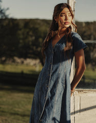 Denim Seamed Midi Dress in Medium Wash