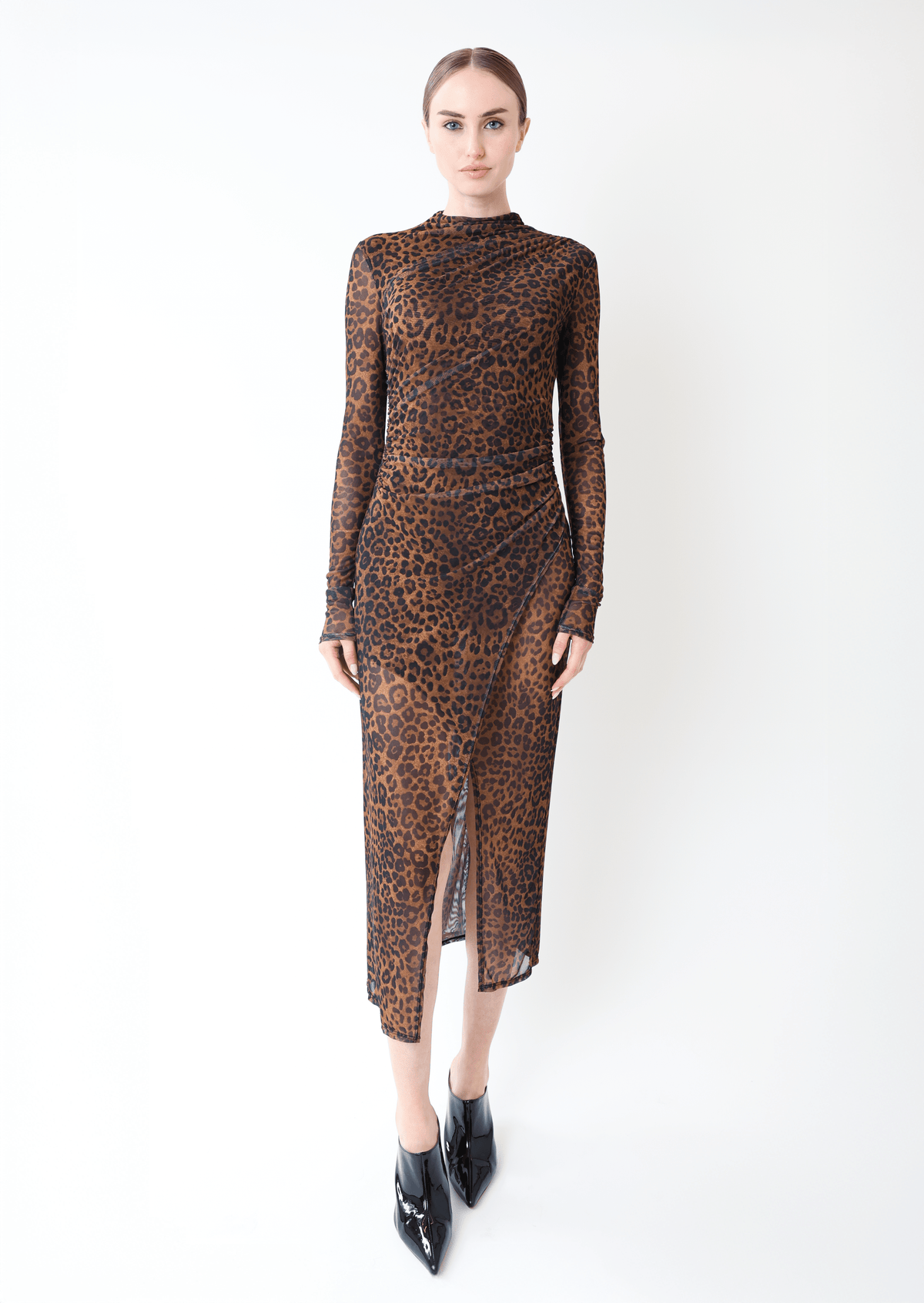 Printed Mesh Draped Midi Dress - LAPOINTE