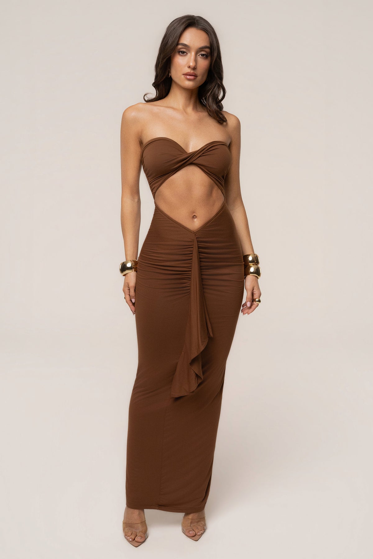 Chocolate strapless drape maxi dress by JLUXLABEL, featuring a flowing silhouette and elegant design, perfect for formal occasions.