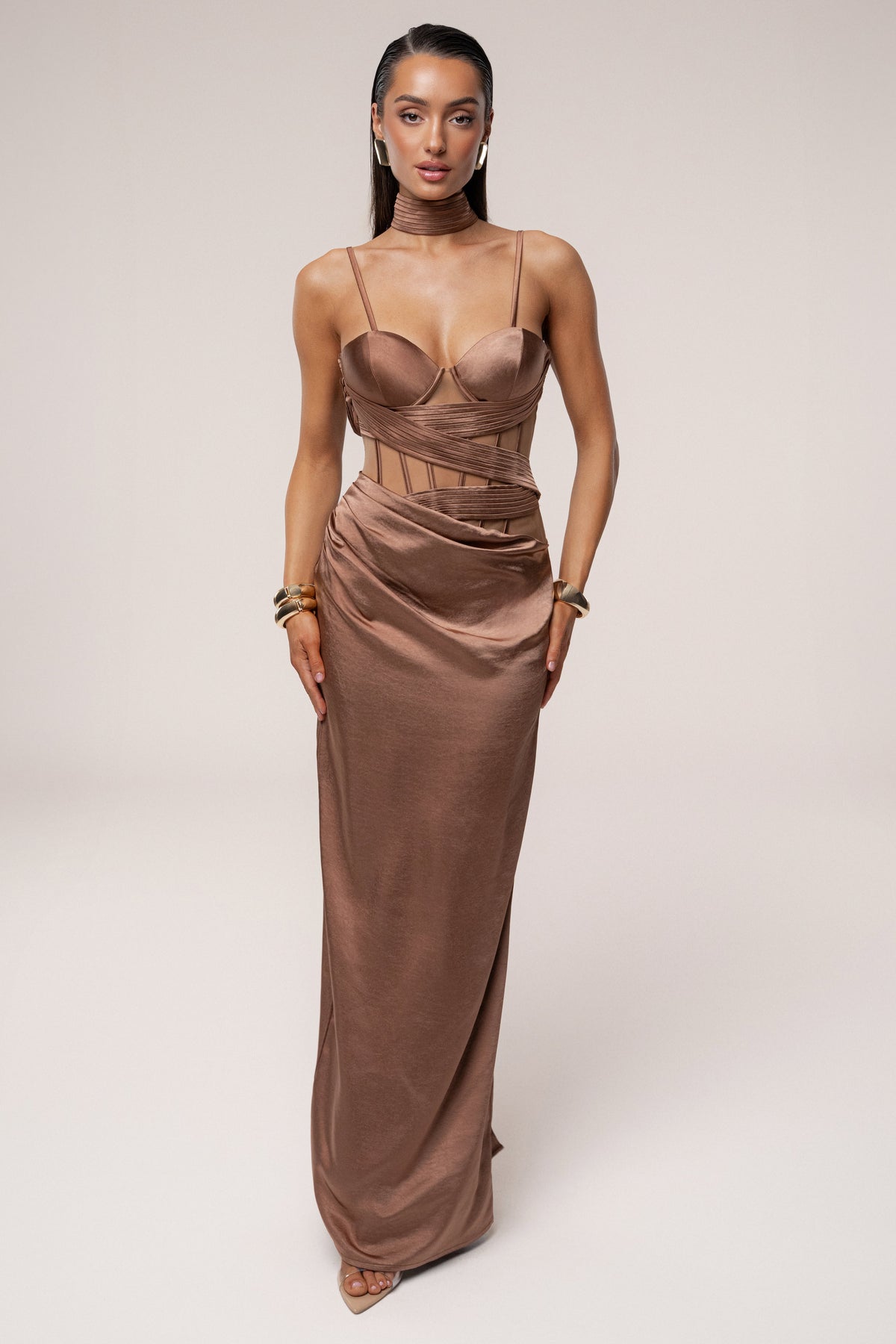 Bronze Golden Hour corset maxi dress by JLUXLABEL featuring a fitted bodice and flowing skirt, perfect for elegant occasions