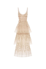 Light pastel tiered midi dress by Montsand featuring flowy fabric and layered design, perfect for spring and summer wear.