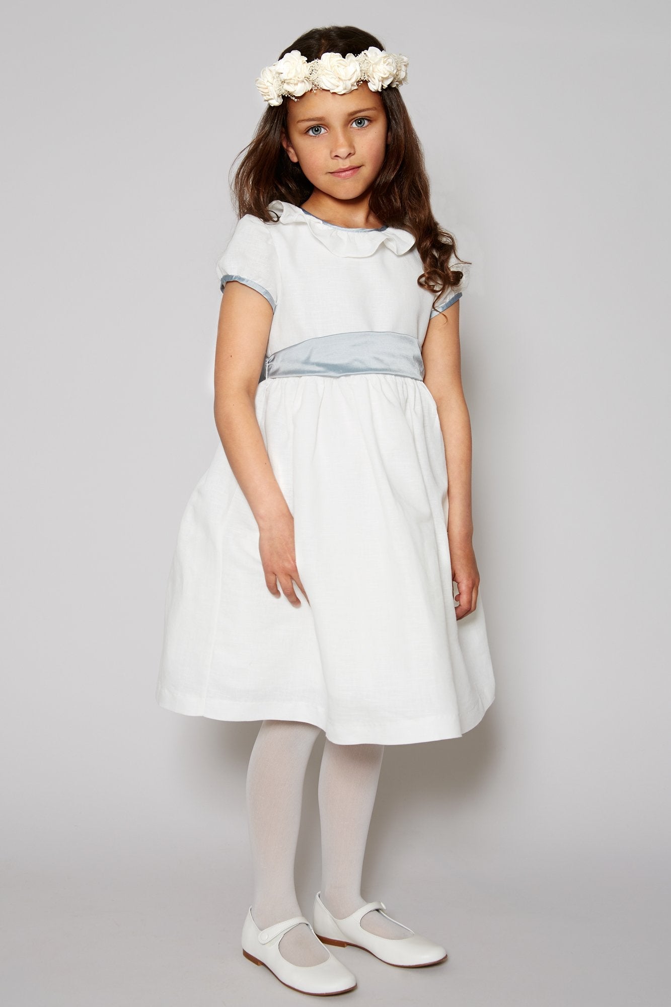Flower Girl Ivory Dress with Blue Silk Sash (6mths-10yrs) DRESSES from Pepa London