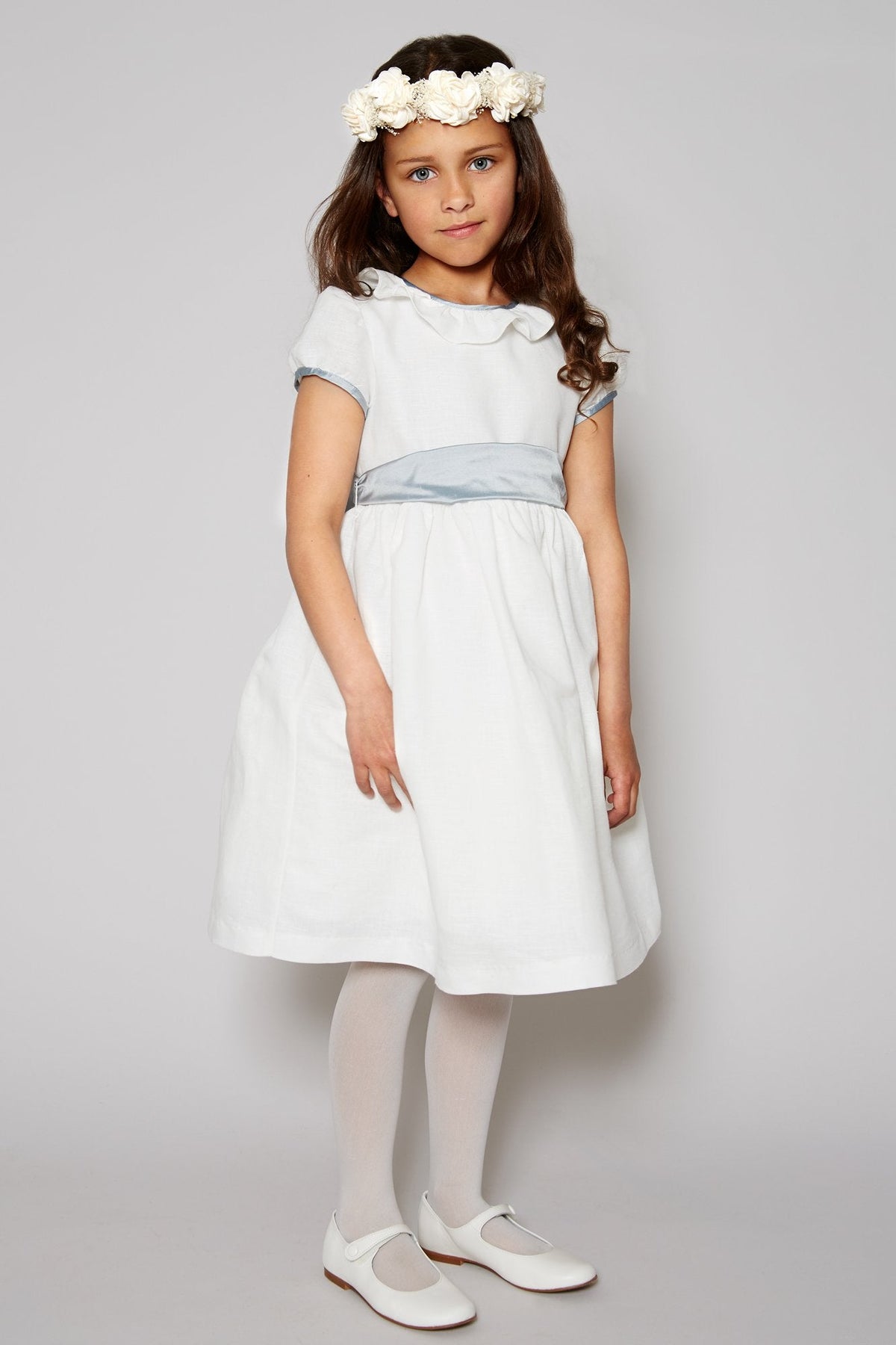 Flower Girl Ivory Dress with Blue Silk Sash (6mths-10yrs) DRESSES from Pepa London