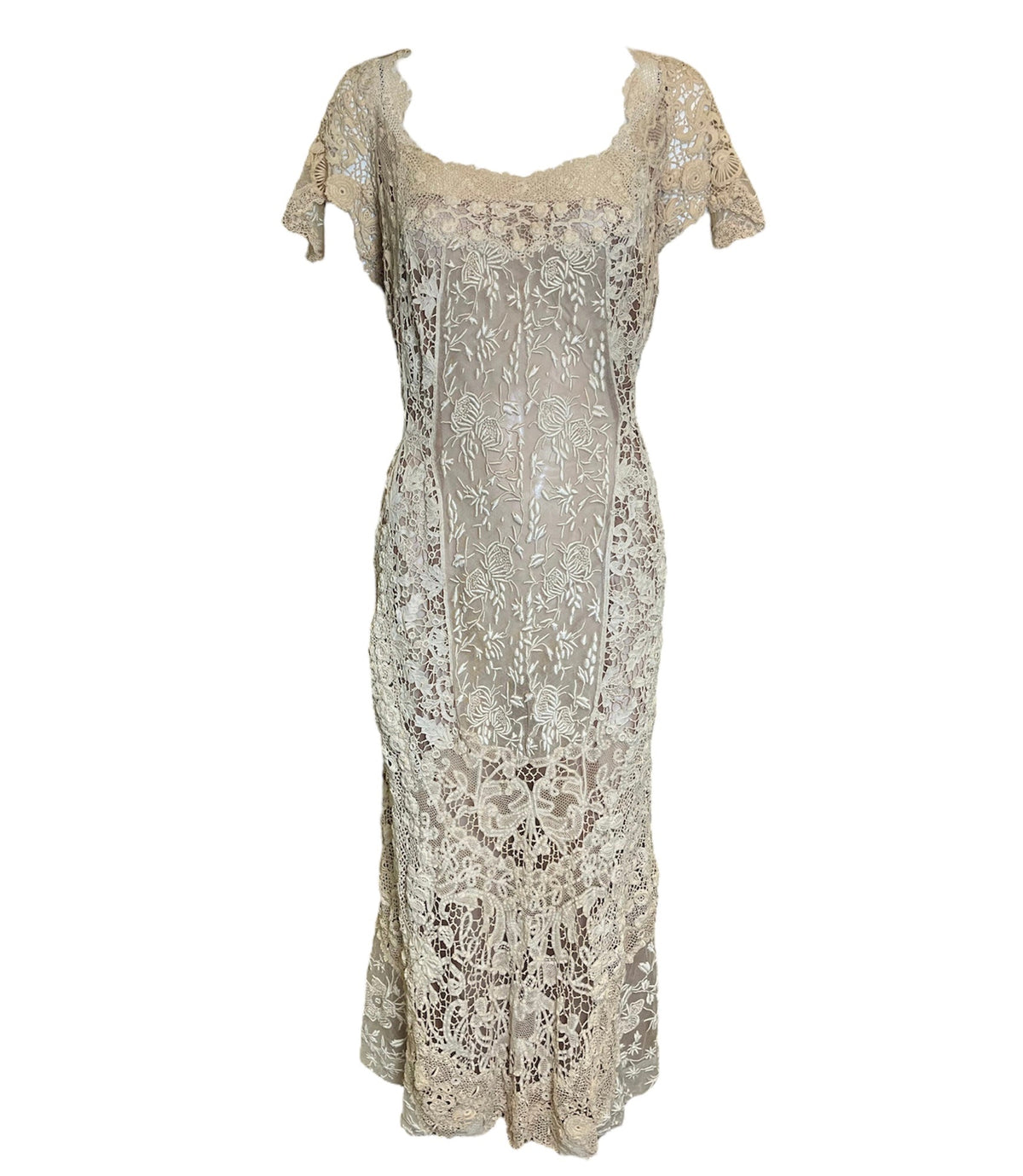 1920s Ecru  Irish Crochet Hand Embroidered Dress FRONT 1 of 8