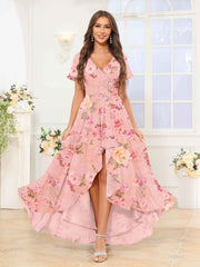 Pink Floral Soft Ruched Short Sleeves High Low Chiffon Bridesmaid Dresses