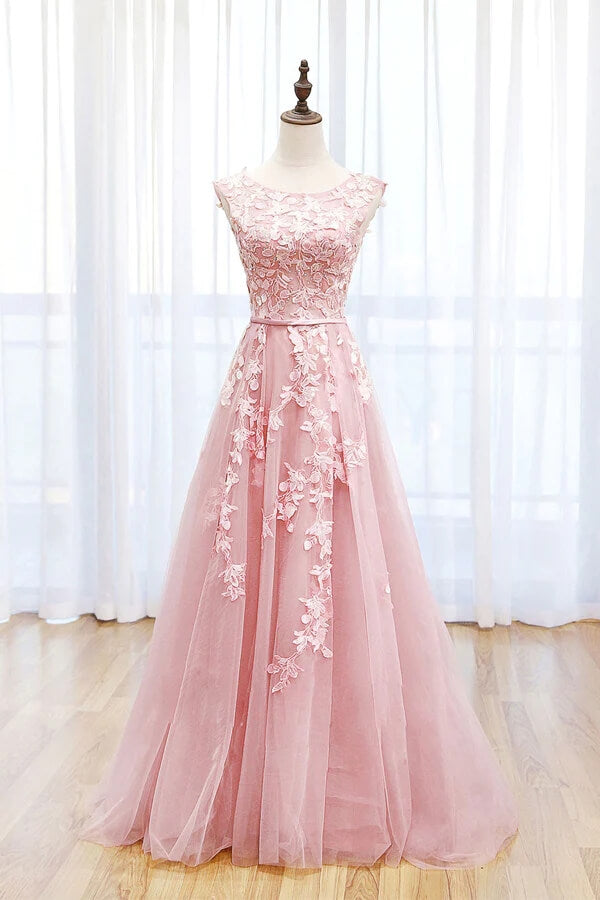 Pink Tulle A-line Scoop Lace Prom Dresses With Train, Long Formal Dresses, MP717 | pink prom dresses | a line prom dresses | lace prom dresses | musebridals.com