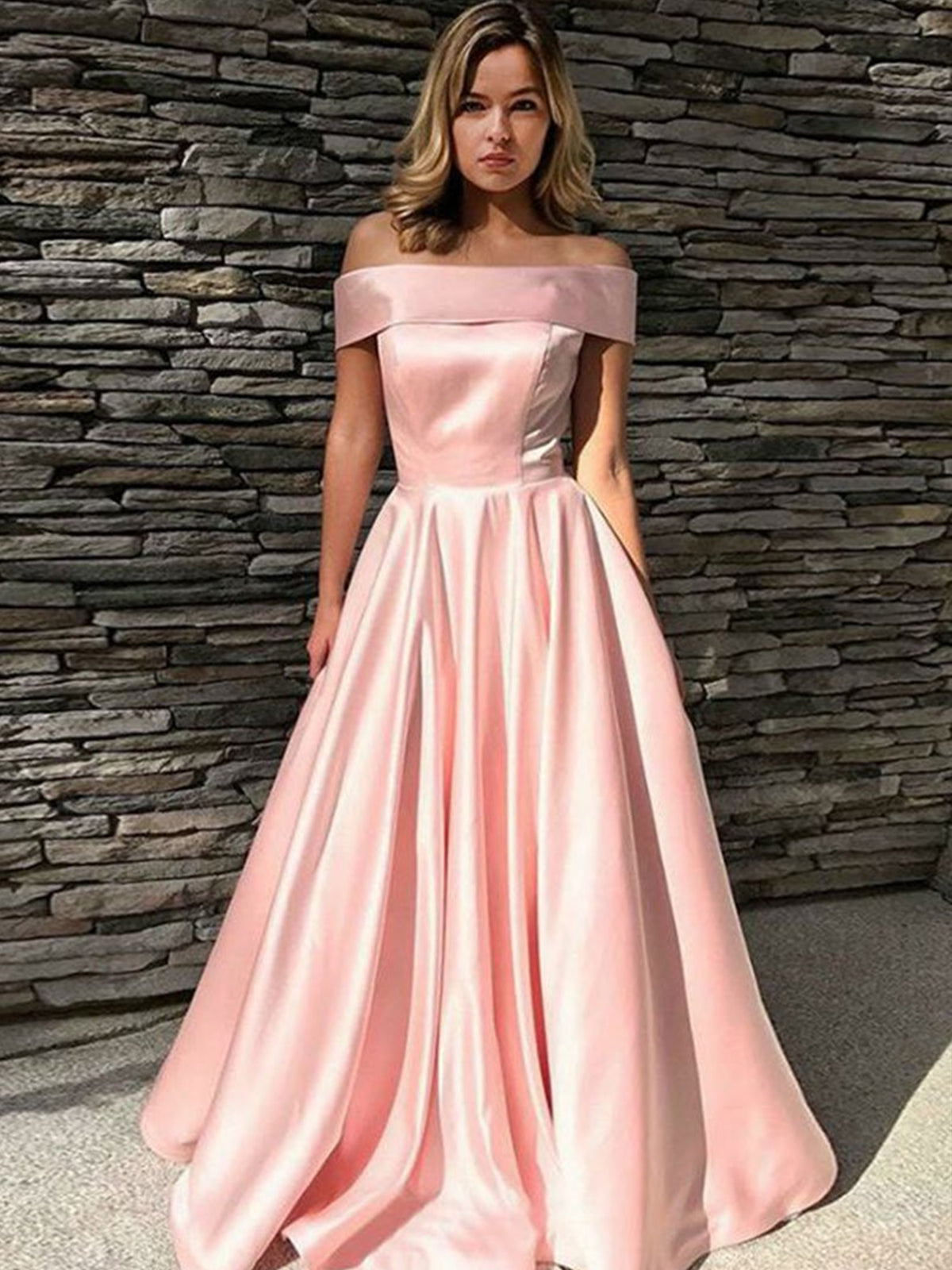 Pink Off Shoulder Satin Prom Dress Long, Off the Shoulder Pink Satin Long Formal Graduation Evening Dresses