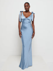 Aurelia is 5'9" & Wears Size UK 8|Piper Tie Maxi Bridesmaid Dress - Dusty Blue