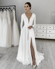 Plunge Satin Wedding Dress With Slit