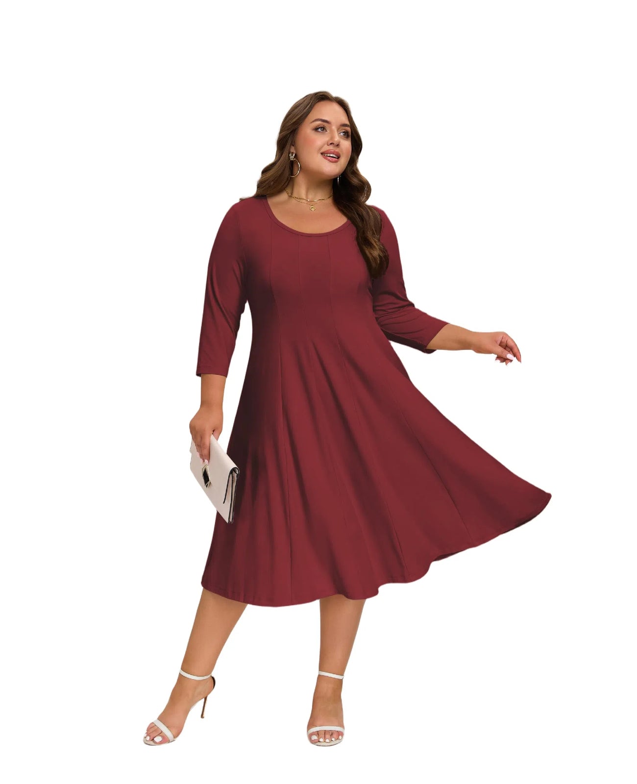 Plus size wine red midi dress, crew neck, 3/4 sleeves, flared A-line skirt