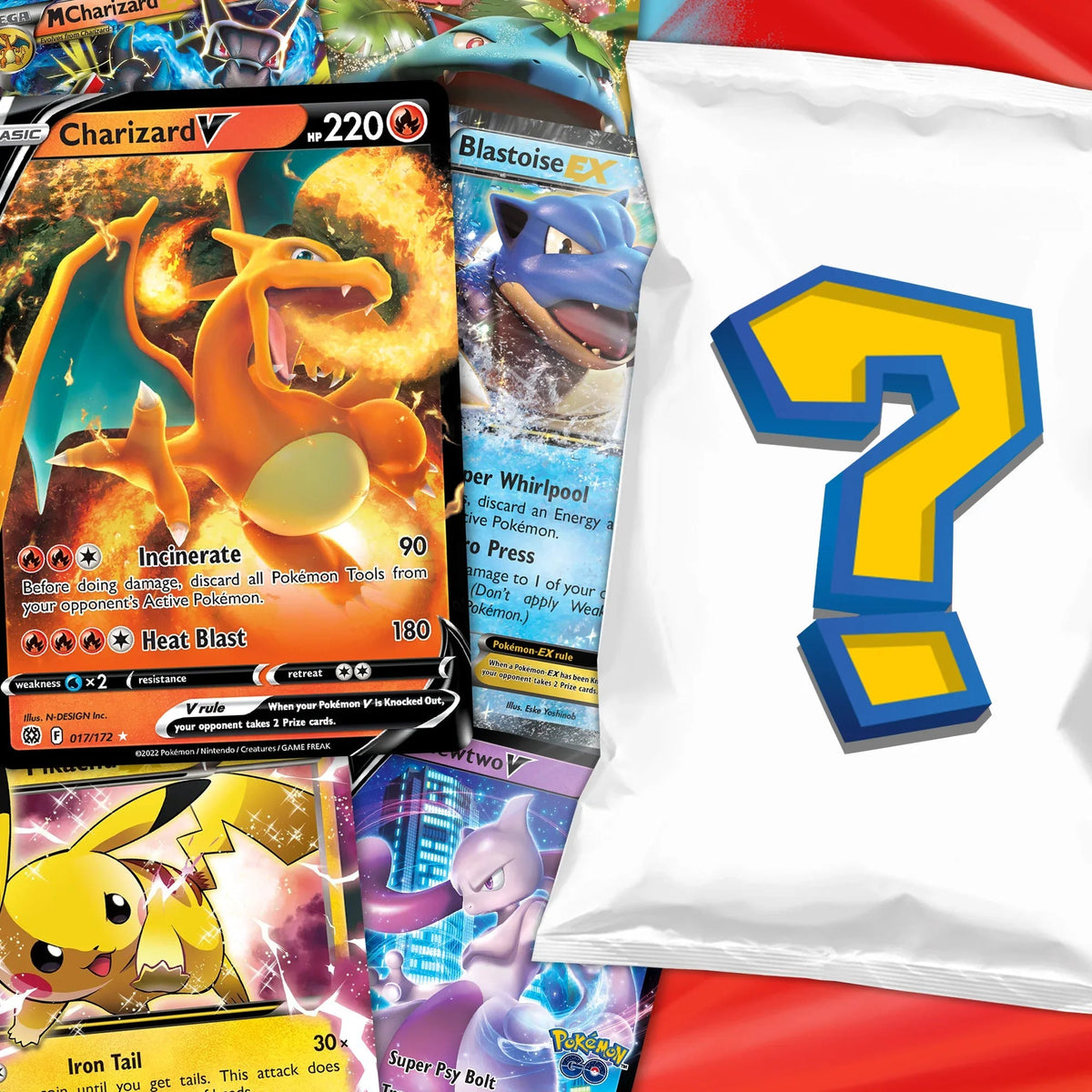 Pokémon rare card mystery pack with Charizard V, Blastoise EX, Pikachu, and Mewtwo cards