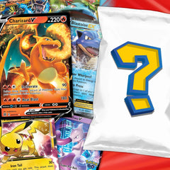 Pokémon rare card mystery pack with Charizard V, Blastoise EX, Pikachu, and Mewtwo cards