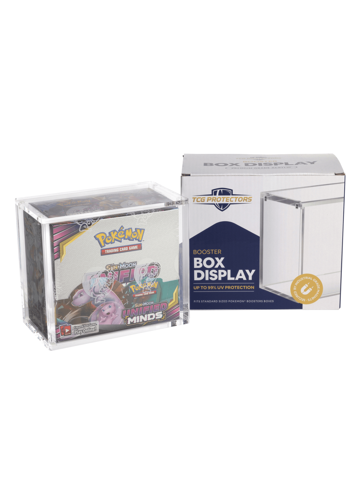 Pokémon Booster Box displayed inside TCG Protectors premium acrylic display case with magnetic lid