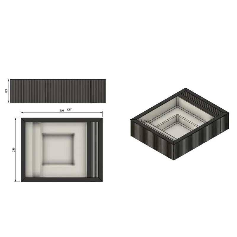 Technische Zeichnung des Portcril Mirage Spa Mini Pools mit den Maßen 300 x 236 x 83 cm – Draufsicht, Seitenansicht und 3D-Ansicht in schwarzer Holzoptik mit heller Wanne und integrierter Sitzbank.
