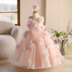Princess 3D Floral Pink Tulle Birthday Wedding Flower Girl Dress, Sequin